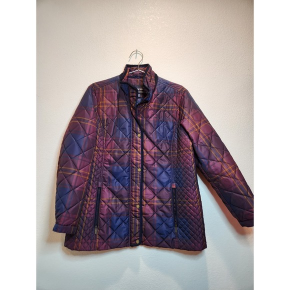 Lands' End Jackets & Blazers - Lands' End Petite 16P Quilted Plaid Jacket Purple Blue Snap Zip Coat